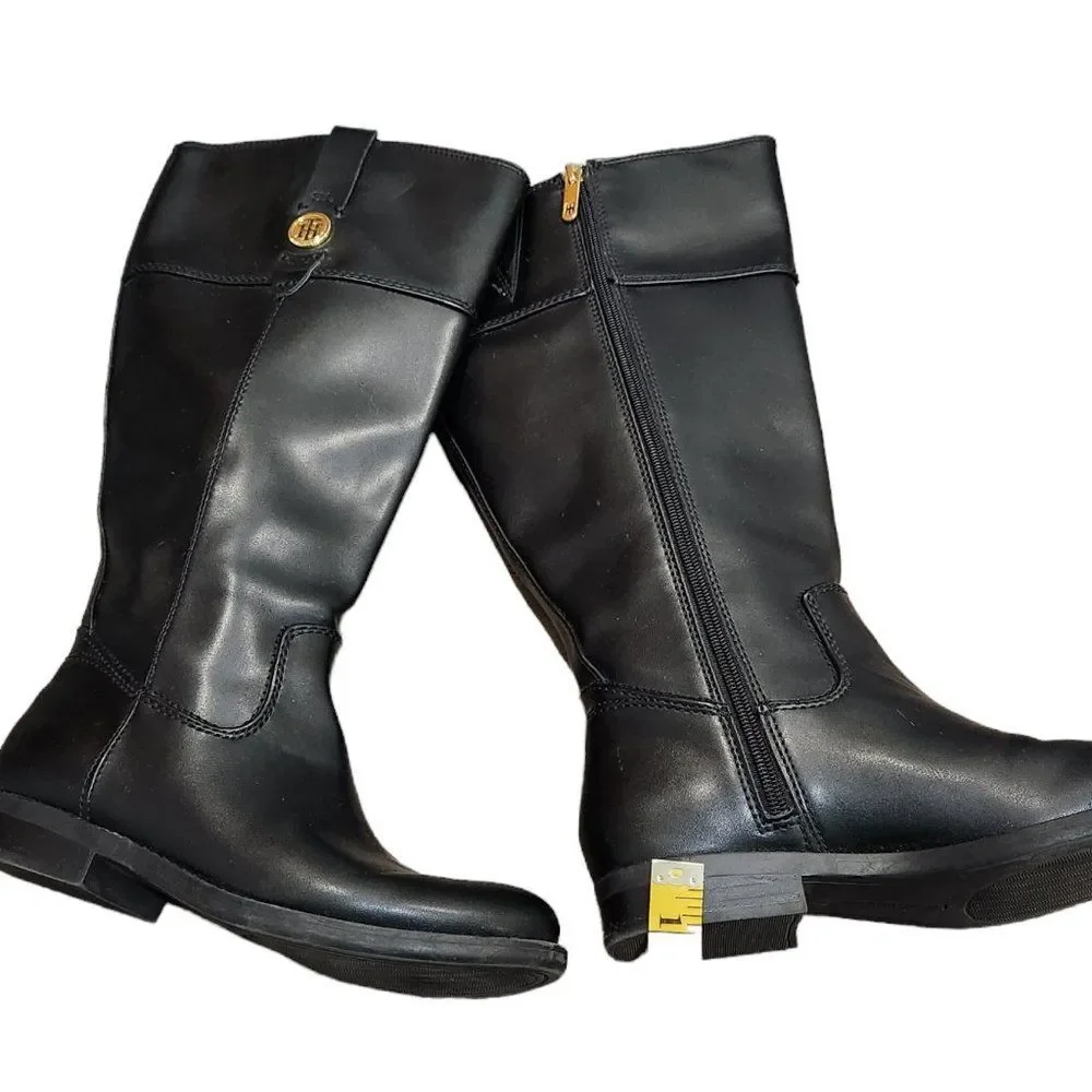 Tommy Hilfiger Faux Leather Mid-Calf Boots Black Goldtone Logo Size 7.5